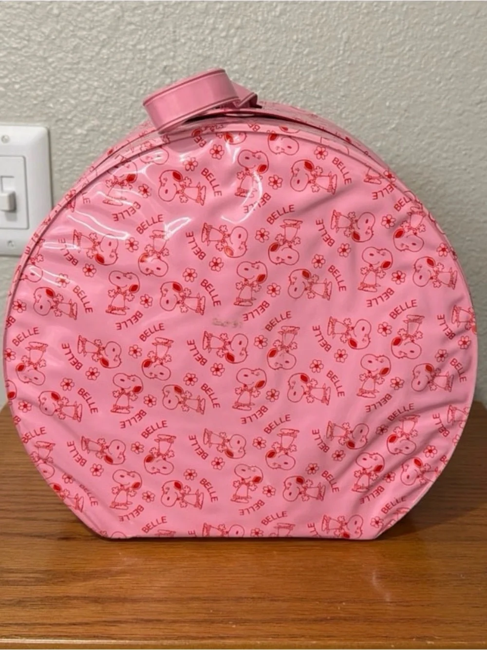 Vintage Peanuts Snoopy Belle Pink and Red Hat Box / Storage Container